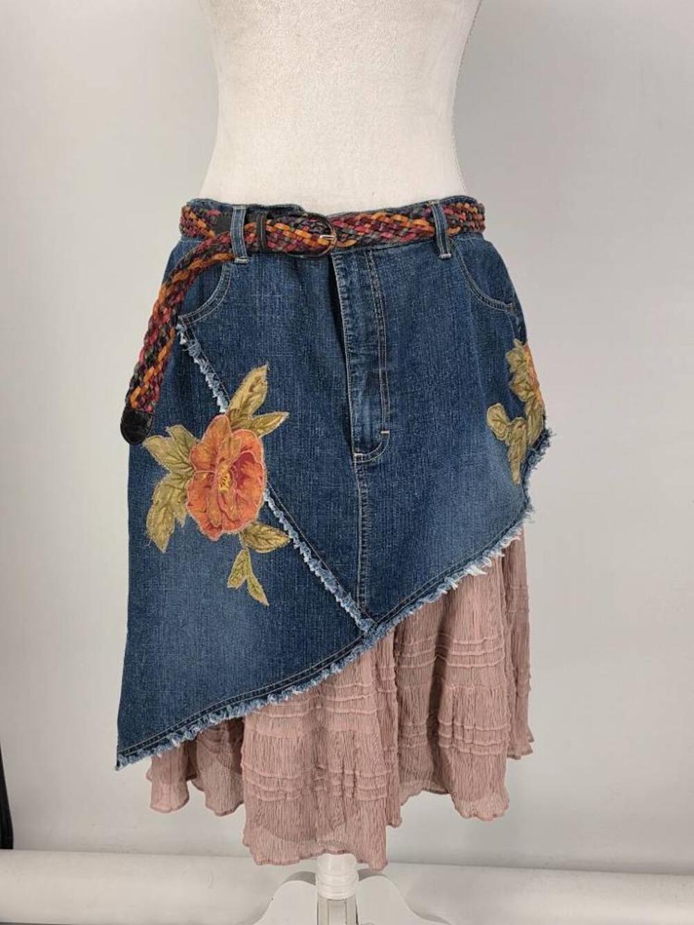 Gloria Vanderbilt Womens Plus 16 Denim Layered Skirt Chiffon Floral Aztec 90s